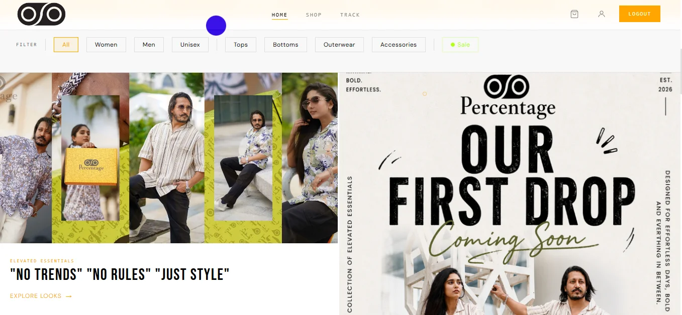 Percentage clothing store showing the apparel collection